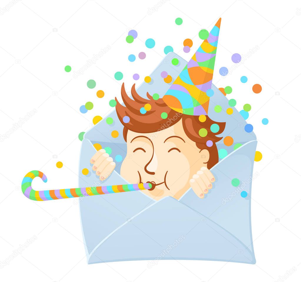 Envelope with happy boy in a hat and with a pipe. Cute cartoon character. Birthday and other holidays concept. Design for invitation or greeting card. Colourful vector illustration isolated on white background