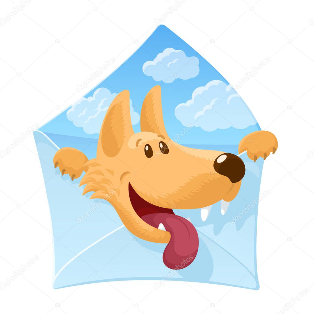 Envelope with a cheerful dog inside. Cute cartoon character. Sky with clouds background. Strong friendship concept. Veterinary concept. Colourful vector illustration isolated on white background