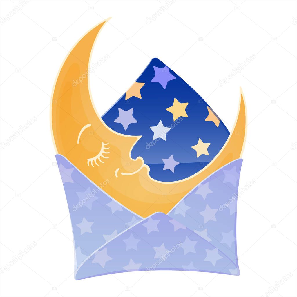 Envelope with a sleeping moon inside. Cute cartoon character. Starlight Night. Sweet dreams concept. Colourful vector illustration isolated on white background