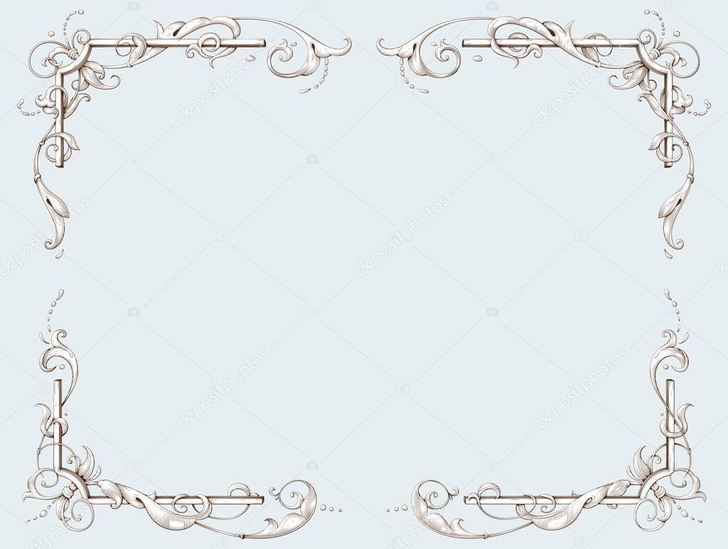 Elegant vintage border frame. Decorative element in the style of vintage engraving with Baroque ornament. Hand drawn vector illustration 