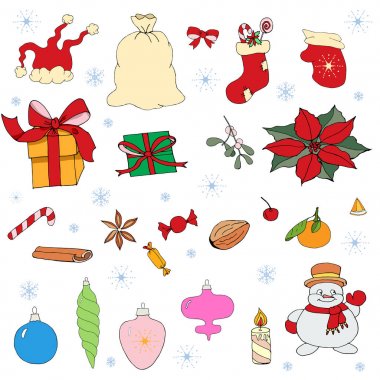 Mutlu mutlu Noel vektör illüstrasyon kutlayın. Mutlu yeni yıl kutlamak el çizmek seti vektör illüstrasyon.