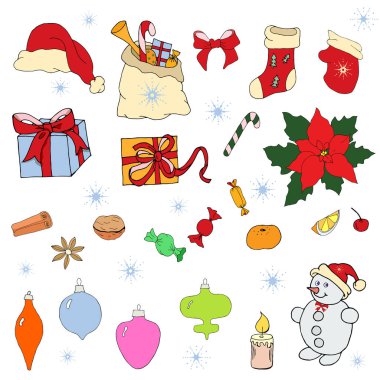 Mutlu mutlu Noel vektör illüstrasyon kutlayın. Mutlu yeni yıl kutlamak el çizmek seti vektör illüstrasyon.
