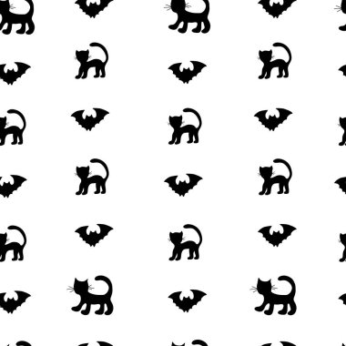 Yarasaların arka planı ve Cadılar Bayramı için siyah bir kedi. Vektör el çizimi. Arka plan samhain üzerinde ruh oluşturmak için.