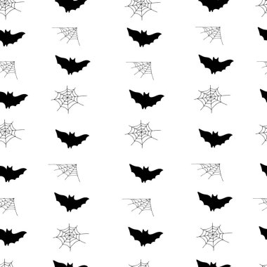 Yarasaların ve örümcek ağlarının dinamik arka planı siyah el çizim vektörü. Vektör el çizimi. Arka plan samhain üzerinde ruh oluşturmak için. Tasarımlar için tek renkli minimalist motif.