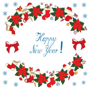 Noel, Yeni Yıl çelenk vektör el çizmek illüstrasyon. Mutlu mutlu Noel vektör illüstrasyon kutlayın. Mutlu yeni yıl kutlamak el çizmek kutusu vektör illüstrasyon.