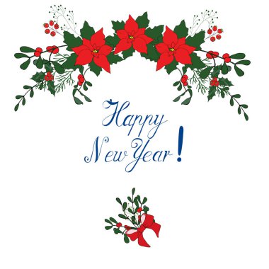 Noel, Yeni Yıl çelenk vektör el çizmek illüstrasyon. Mutlu mutlu Noel vektör illüstrasyon kutlayın. Mutlu yeni yıl kutlamak el çizmek Noel buketi vektör illüstrasyon.
