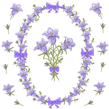 Vektör el çizmek tatil kutlamak. Çiçekler bir çelenk, dikişsiz fırça ve set çanları. Kendi yaratıcılığınızı oluşturmak için sorunsuz fırça.