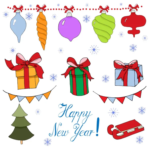 New Year Christmas Set vector hand draw illustration. Celebrate merry happy Christmas vector  illustration. Happy new year celebrate hand draw pictures and gifts vector  illustration.