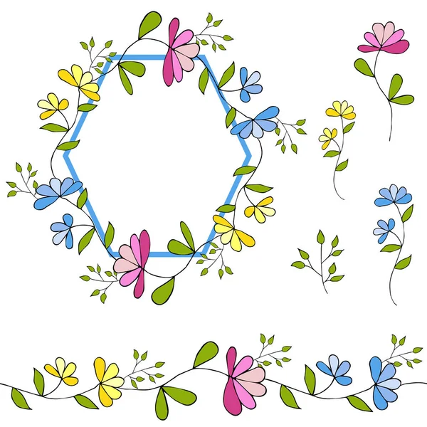 Conjunto Flores Doodle Grinalda Escova Sem Costura Flores Vector Mão —  Vetores de Stock