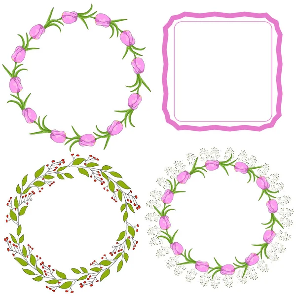 Set of four wreaths - flowers tulips, frames and branches for the holiday. Vector hand draw  Illustration EPS10