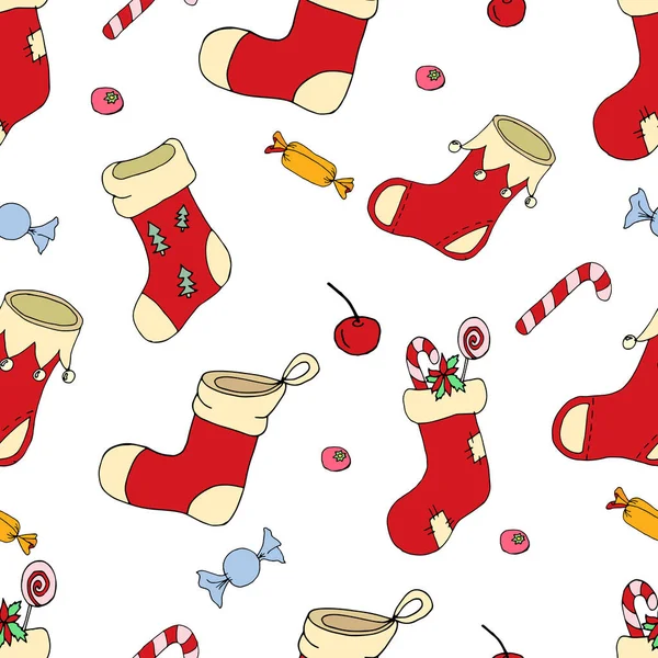 Bezproblémový Vzor Červenými Ponožkami Pro Nový Rok Kreativity Vektorová Ilustrace — Stockový vektor