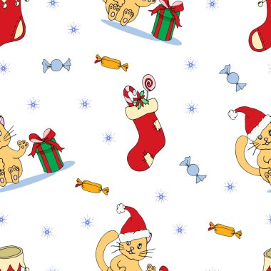 Noel arkaplanı - foklar ve kırmızı çorap - yaratıcılık için. Vektör illüstrasyonu 10 EPS. 