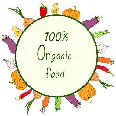 Yaratıcılık için organik sebzelerle dolu bir tebrik kartı. Vektör el çizimi EPS10