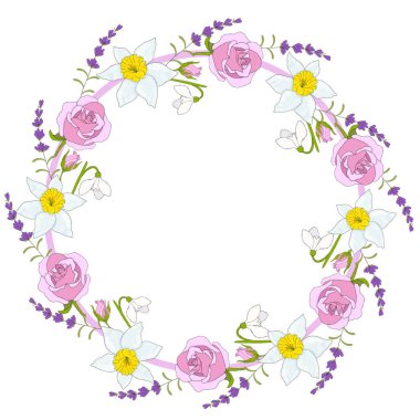 Tatili kutlamak için nergis, gül ve lavanta desenli bir çelenk hediye. Vektör el çizimi Görüntü EPS10