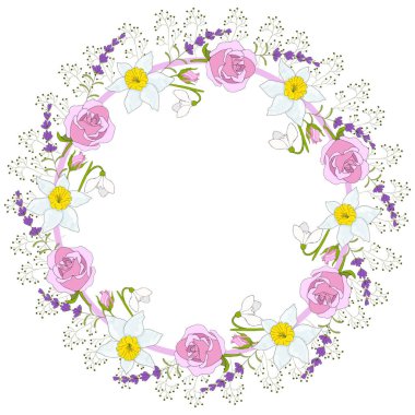 Nergisler, güller, lavantalar, kardelenler ve bayramı kutlamak için narin yeşillikler. Vektör el çizimi Görüntü EPS10