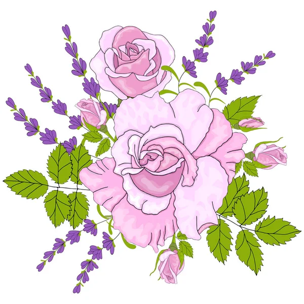 Bellissimo Bouquet Regalo Fiori Rosa Lavanda Celebrare Vacanze Illustrazione Del — Vettoriale Stock