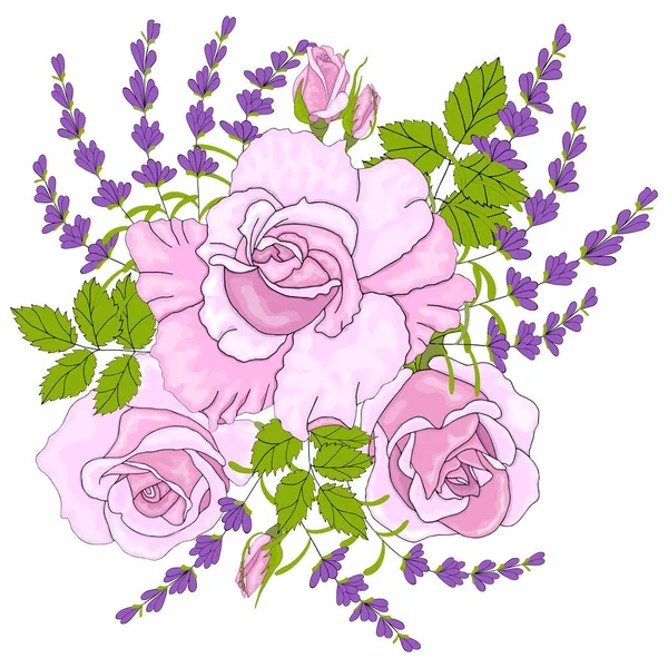 Large Gift Bouquet Rose Lavender Flowers Celebrate Holiday Vector Hand — Stock Vector