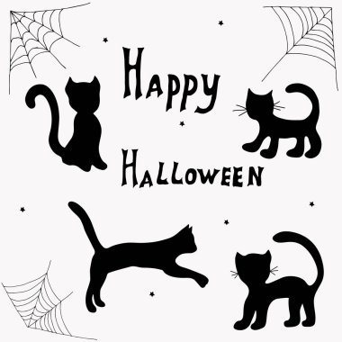 Cadılar Bayramı için kara kediler ve örümcek ağlarıyla kurulmuş. Vektör el çizimi Görüntü EPS10.