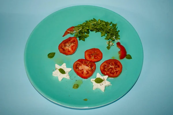 Hafif Vejetaryen Salatasına Aromatik Albhaca Peynirli Panela Zeytinyağı Domates Yağı — Stok fotoğraf