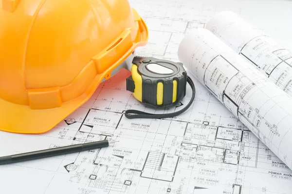 Architects Workplace Architectural Blueprints Measuring Tape Safety Helmet Tools Table — Stock Photo, Image