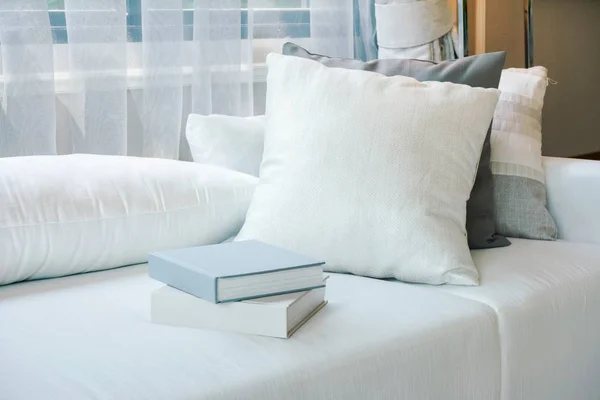 Books and pillows on white couch next to window in living room
