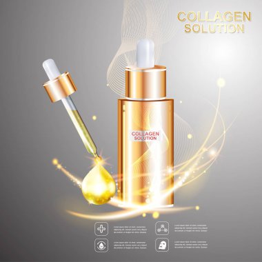 Kollajen Serum ve vitaminler güzellik arka plan kavramı vektör ciltler için bakım kozmetik ürünleri.