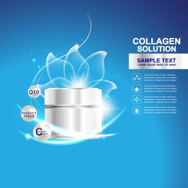 Kollajen Serum ve vitaminler güzellik arka plan kavramı vektör ciltler için bakım kozmetik ürünleri.