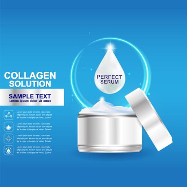 Kollajen Serum ve vitaminler güzellik arka plan kavramı vektör ciltler için bakım kozmetik ürünleri.