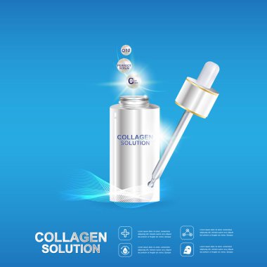 Kollajen Serum ve vitaminler güzellik arka plan kavramı vektör ciltler için bakım kozmetik ürünleri.