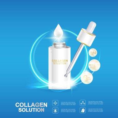 Kollajen Serum ve vitaminler güzellik arka plan kavramı vektör ciltler için bakım kozmetik ürünleri.