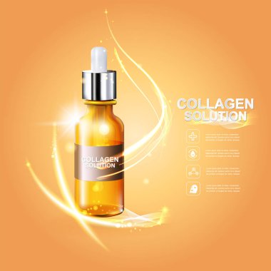 Kollajen Serum ve vitaminler güzellik arka plan kavramı vektör ciltler için bakım kozmetik ürünleri.
