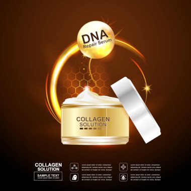Kollajen Serum ve vitaminler güzellik arka plan kavramı vektör ciltler için bakım kozmetik ürünleri.