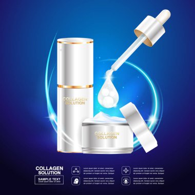 Kollajen Serum ve vitaminler güzellik arka plan kavramı vektör ciltler için bakım kozmetik ürünleri.