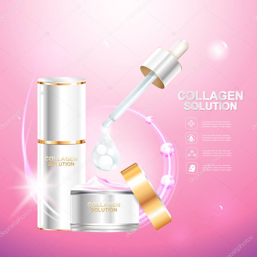 Collagen Serum and Vitamins Beauty Background Concept Vector for Skin Care Cosmetic Products.