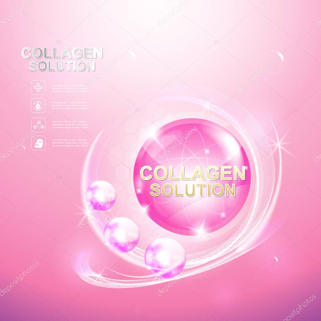 Collagen Serum and Vitamins Beauty Background Concept Vector for Skin Care Cosmetic Products.