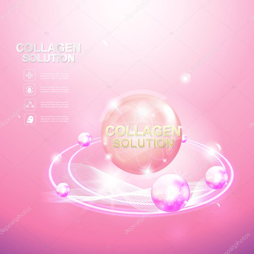 Collagen Serum and Vitamins Beauty Background Concept Vector for Skin Care Cosmetic Products.