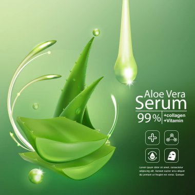 Aloe Vera Serum ve Kolajen Vitamin Cilt Bakımı Kozmetik Arkaplan Vektörü Kavramı .