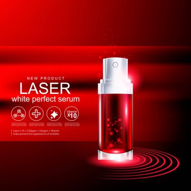 Kollajen Serum şablon, kırmızı zemin üzerine kavram Cilt Bakımı.