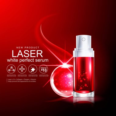 Kollajen Serum şablon, kırmızı zemin üzerine kavram Cilt Bakımı.