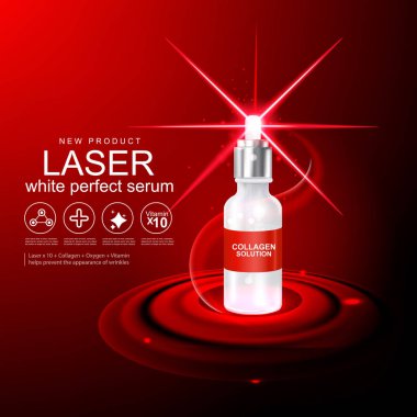 Kollajen Serum şablon, kırmızı zemin üzerine kavram Cilt Bakımı.