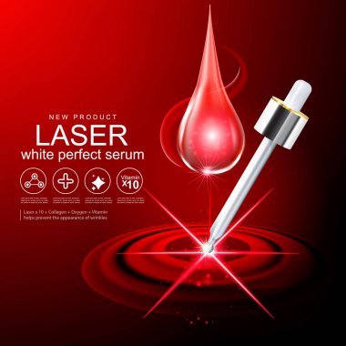 Kollajen Serum şablon, kırmızı zemin üzerine kavram Cilt Bakımı.