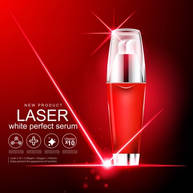 Kollajen Serum şablon, kırmızı zemin üzerine kavram Cilt Bakımı.