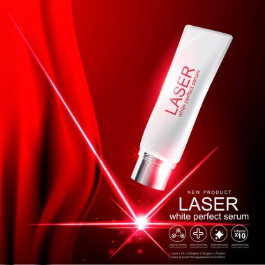 Kollajen Serum şablon, kırmızı zemin üzerine kavram Cilt Bakımı.