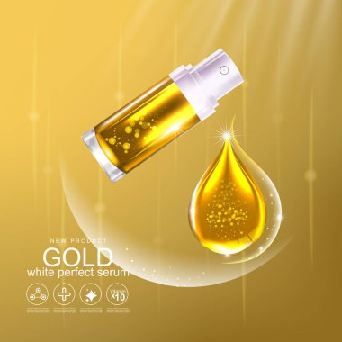 Altın Serum veya kollajen ve Vitamin arka plan cilt bakımı kozmetik.