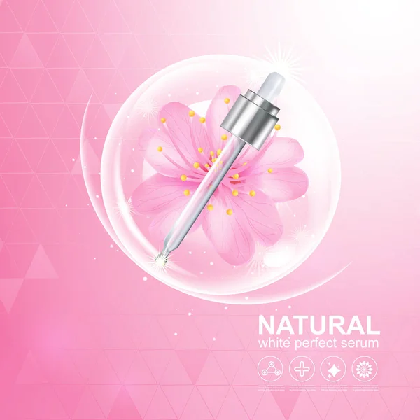 Sakura Blomma Vit Perfect Serum Eller Kollagen Vitamin Och Bakgrund — Stockfoto