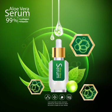 Aloe Vera Serum ve Kolajen Vitamin Cilt Bakımı Kozmetik Arkaplan Vektörü Kavramı