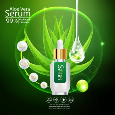 Aloe Vera Serum ve Kolajen Vitamin Cilt Bakımı Kozmetik Arkaplan Vektörü Kavramı