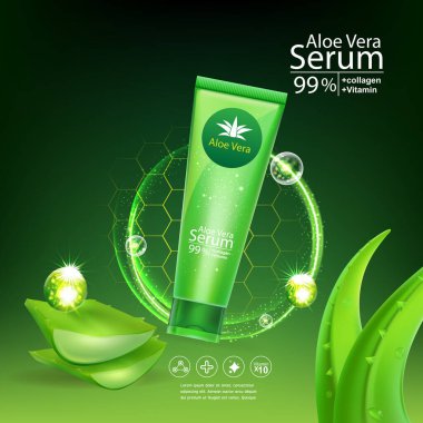 Aloe Vera Serum ve Kolajen Vitamin Cilt Bakımı Kozmetik Arkaplan Vektörü Kavramı