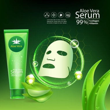 Aloe Vera Serum ve Kolajen Vitamin Cilt Bakımı Kozmetik Arkaplan Vektörü Kavramı