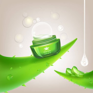 Aloe Vera Serum ve Kolajen Vitamin Cilt Bakımı Kozmetik Arkaplan Vektörü Kavramı